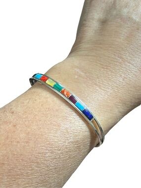 Sterling Silver Multicolor Inlay Bangle Bracelet - Women Jewelry